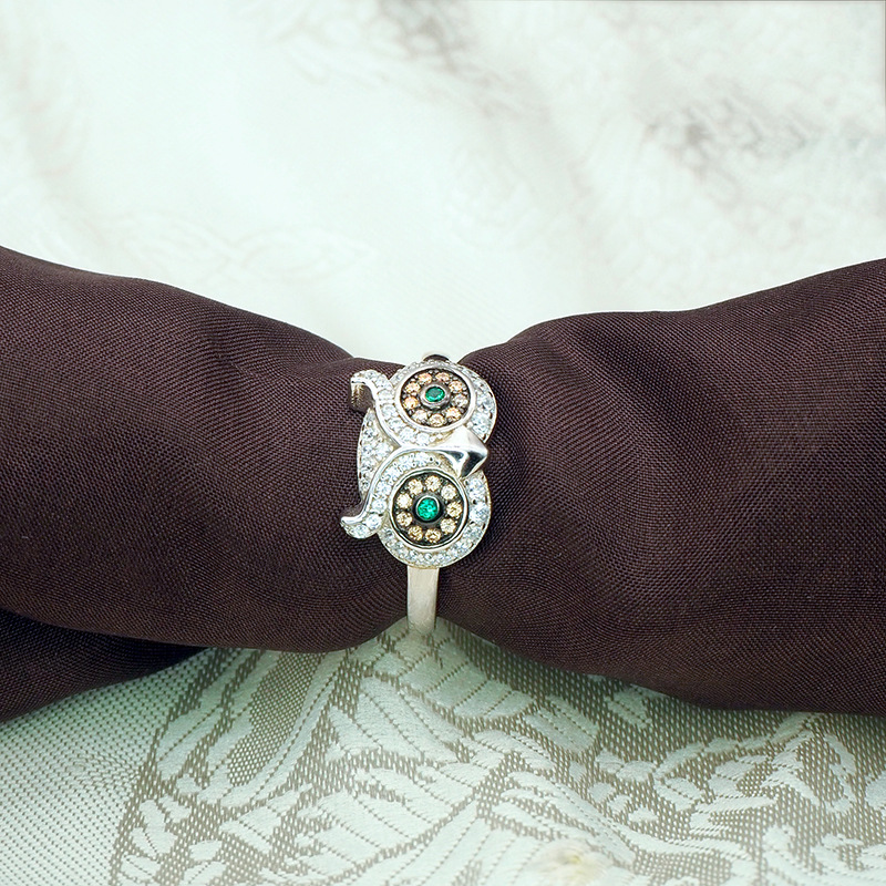 Owl Silver Rings with Green Stone