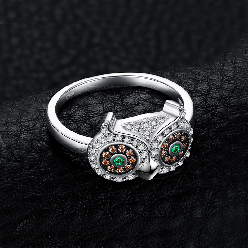 Owl Silver Rings with Green Stone