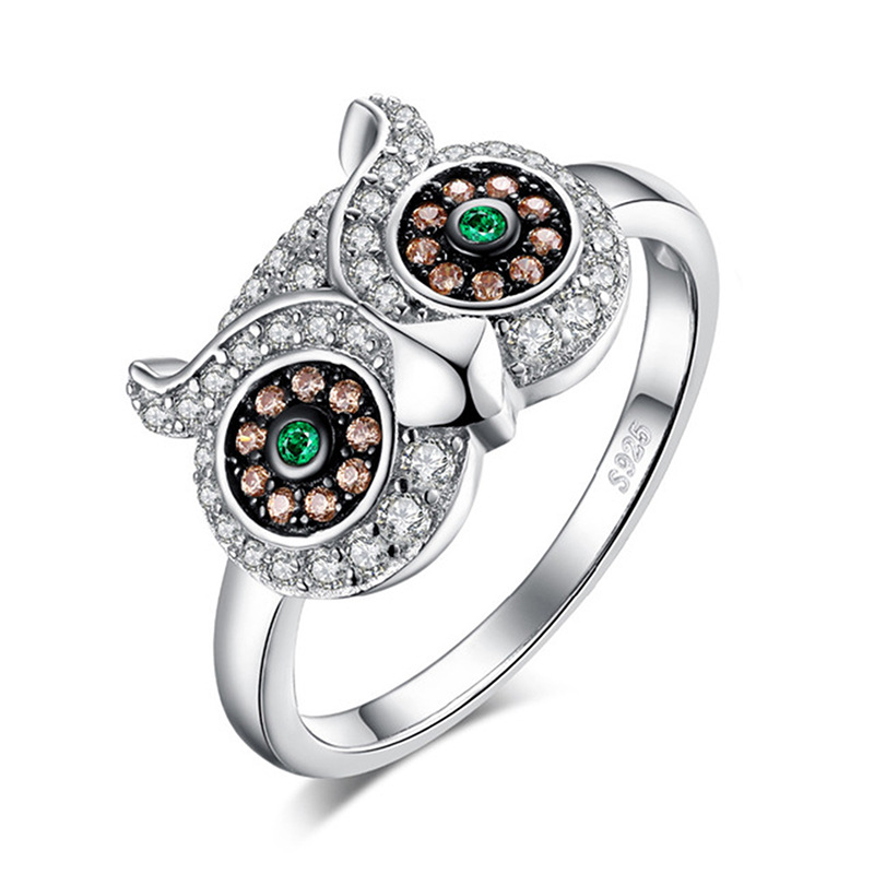 Owl Silver Rings with Green Stone