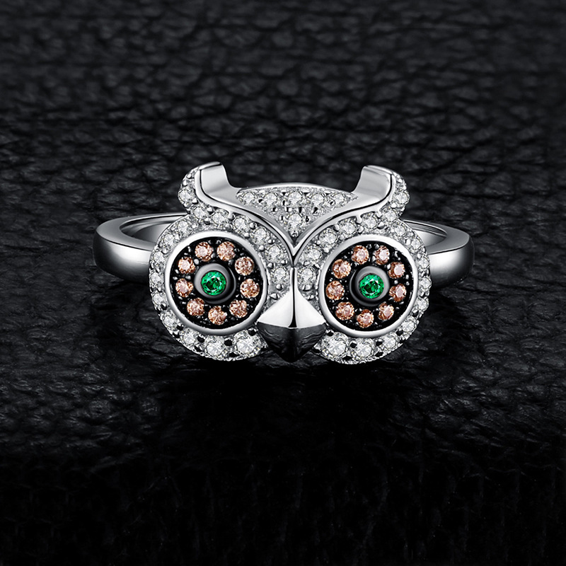 Owl Silver Rings with Green Stone