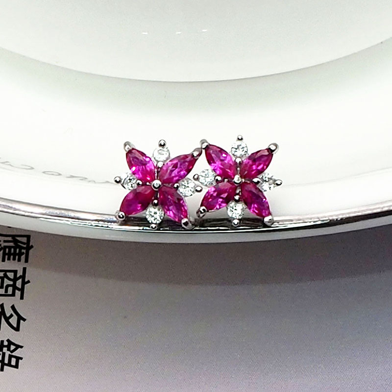 S925 Silver Four Leaves Flower Earrings Ruby CZ AAA grade Stone