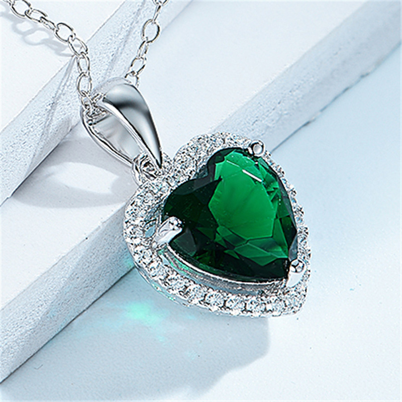 S925 Silver Heart Shape Necklace Pendants with Color CZ Crystal