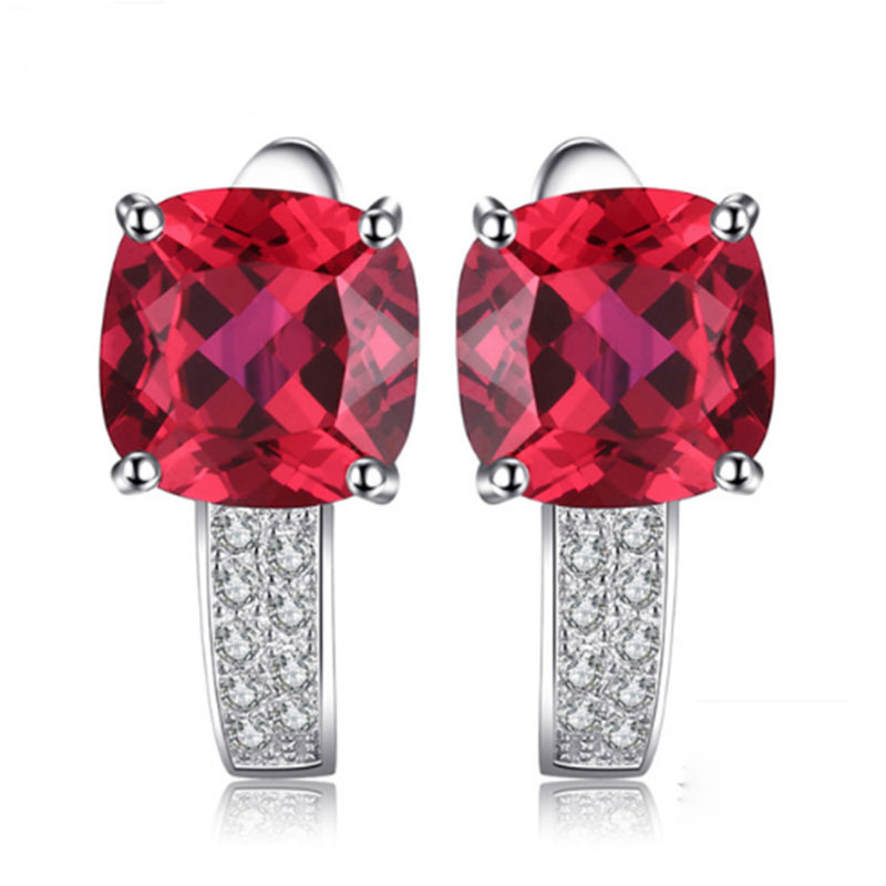 925 Silver Earrings with Cushion Cut Ruby Color CZ Stone