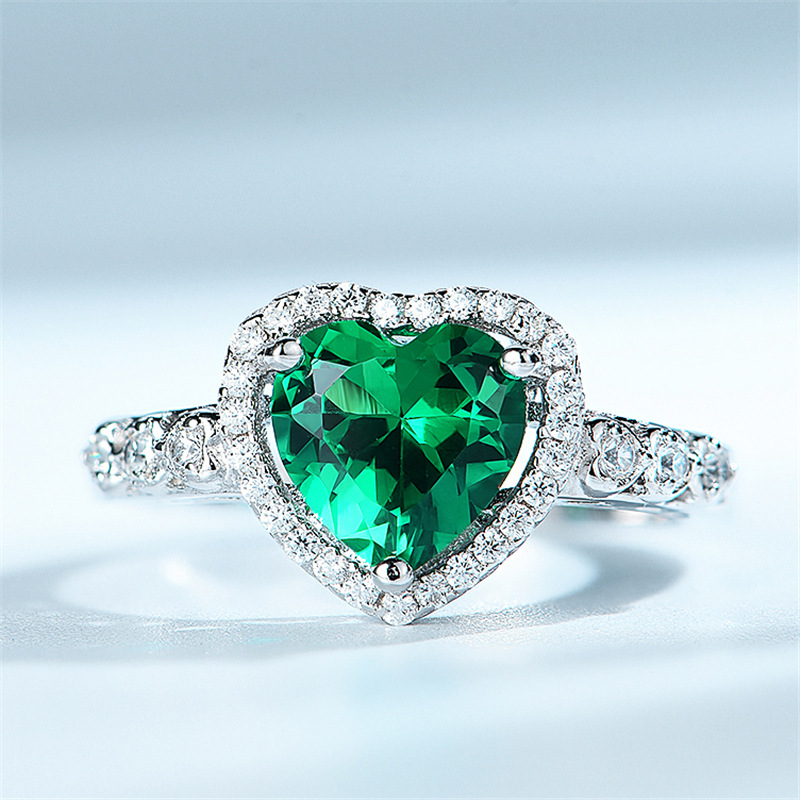 S925 Silver Heart Rings Green Emerald Color CZ Stone