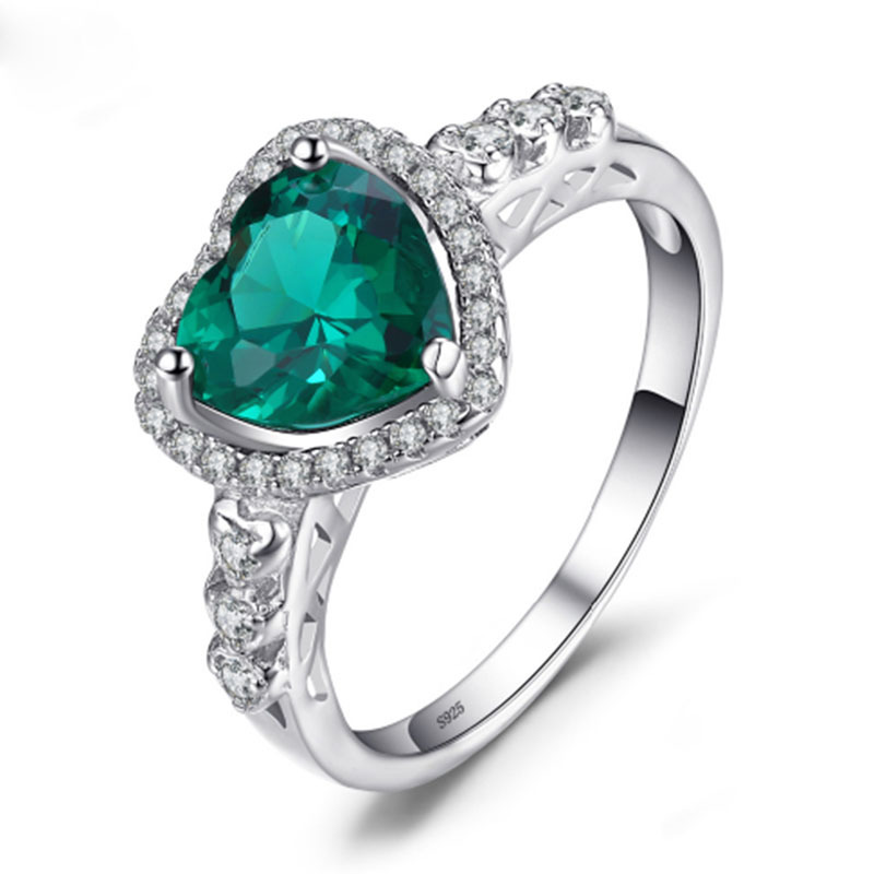 S925 Silver Heart Rings Green Emerald Color CZ Stone