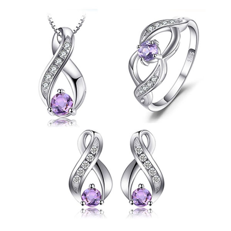 S925 Silver Jewelry Set with Natural Amethyst Crystal Stone