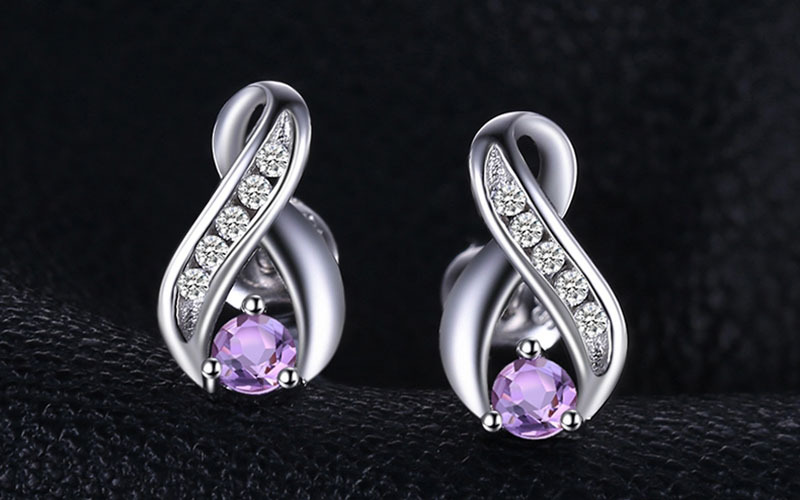 Infinity 925 Silver Earrings with Amethyst Natural Crystal