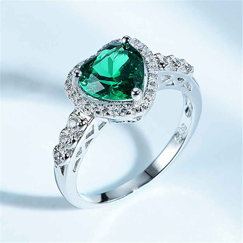 S925 Silver Heart Rings Green Emerald Color CZ Stone