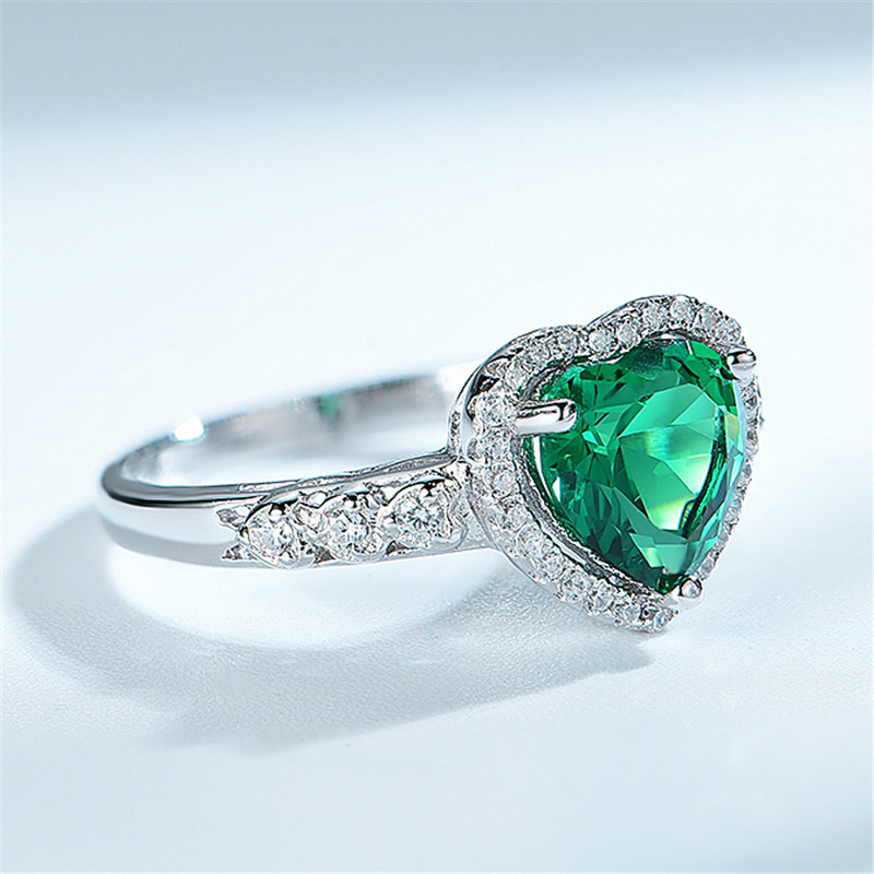 S925 Silver Heart Rings Green Emerald Color CZ Stone