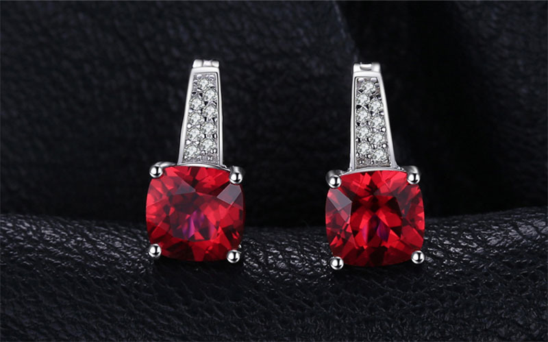 925 Silver Earrings with Cushion Cut Ruby Color CZ Stone