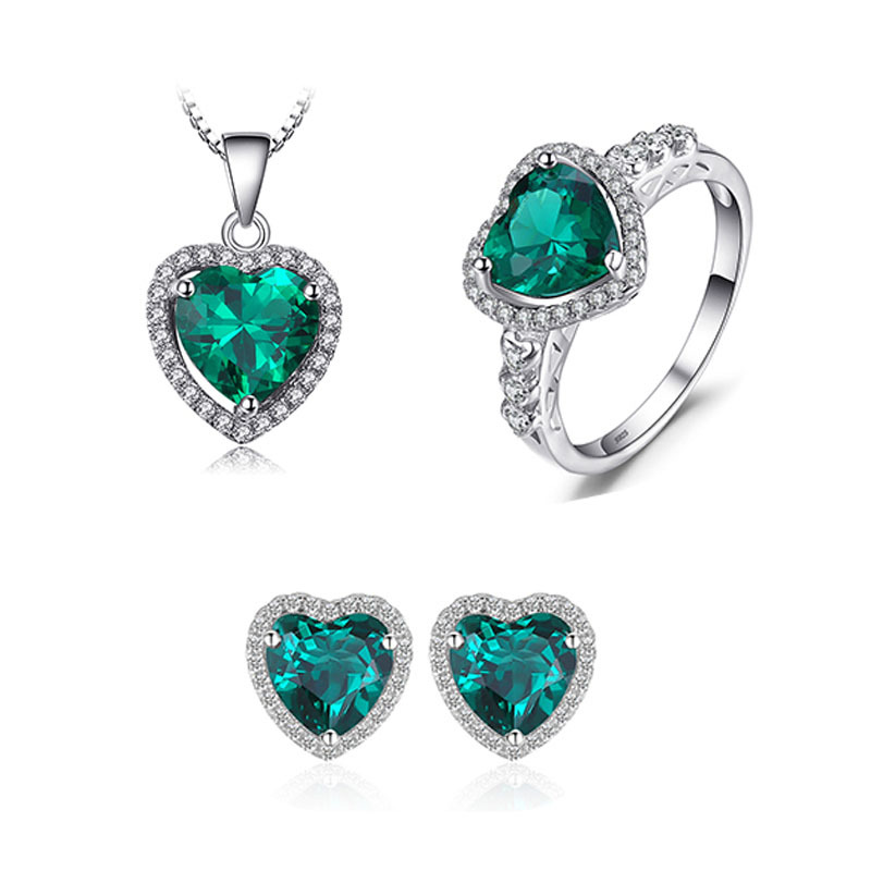 925 Silver Jewelry Heart Shape Green CZ Set