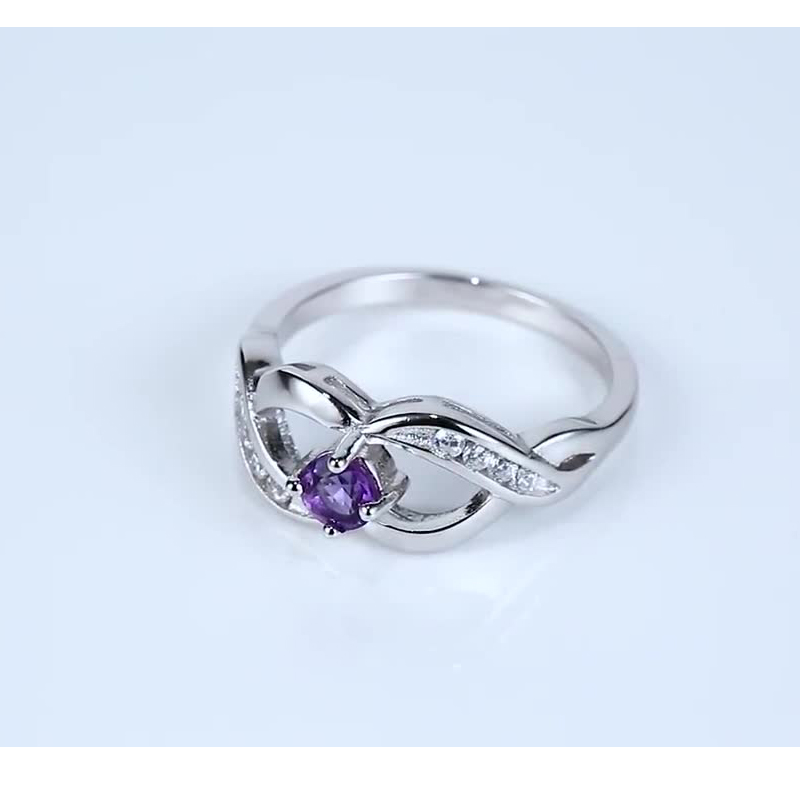 Round Natural Amethyst Crystal 925 Silver Rings