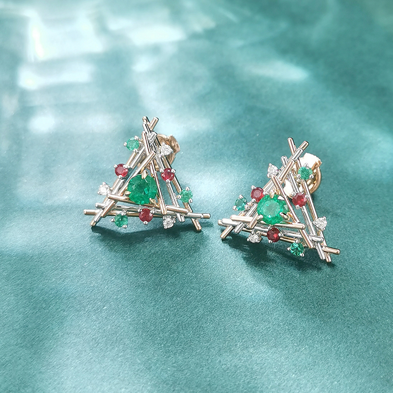 14K Yellow Gold Earrings Fashion Style with Emerald and Ruby