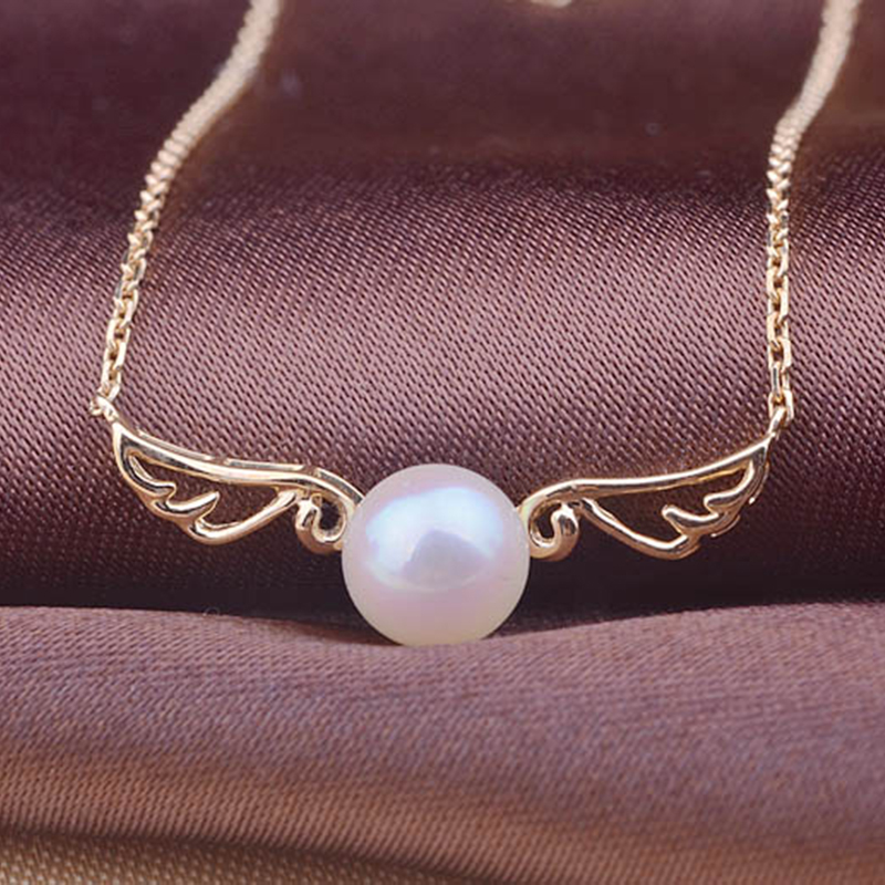 14K Yellow Gold Angle Wing Necklace with Akoyo Pearl 