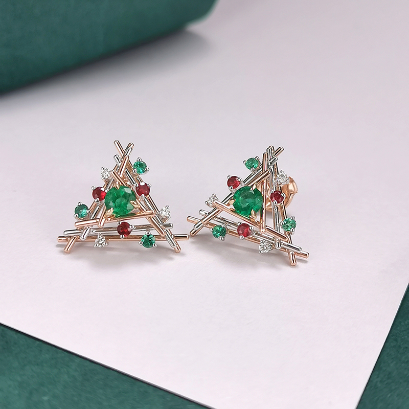 14K Yellow Gold Earrings Fashion Style with Emerald and Ruby