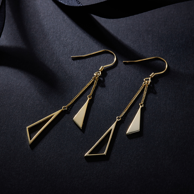 18K Yellow Gold Earrings Dangle Triangle Fashion Style