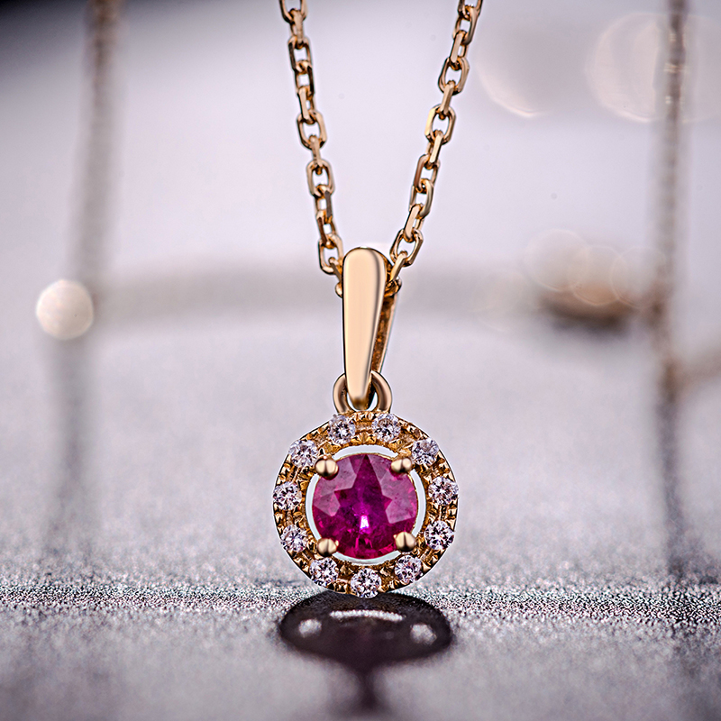 18K Yellow Gold Diamond Necklace Pendants with Ruby Gemstone