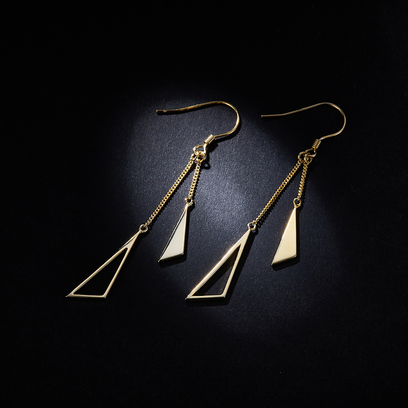 18K Yellow Gold Earrings Dangle Triangle Fashion Style