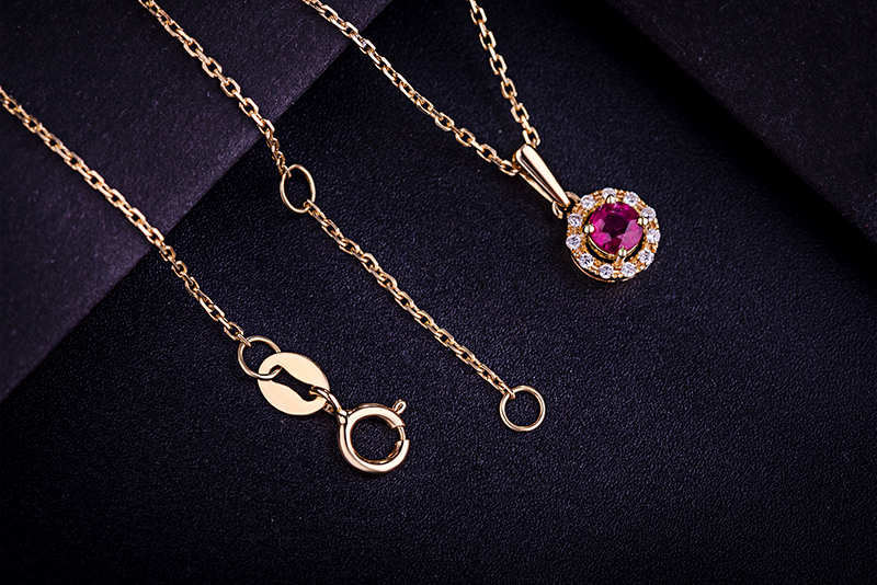 18K Yellow Gold Diamond Necklace Pendants with Ruby Gemstone