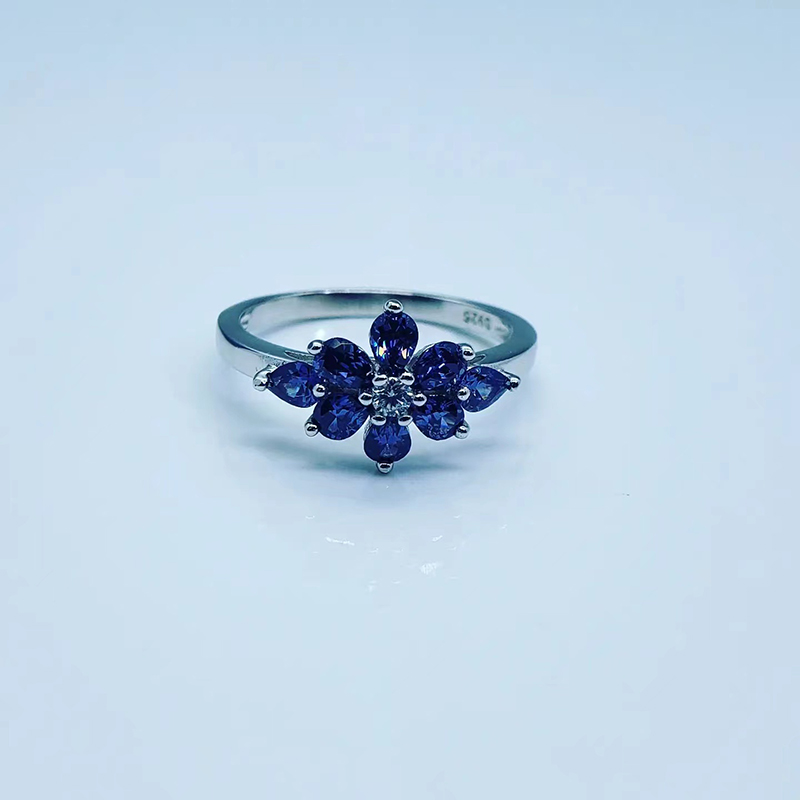 silver jewelry spark flower rings with Aquamarine Tanzanite