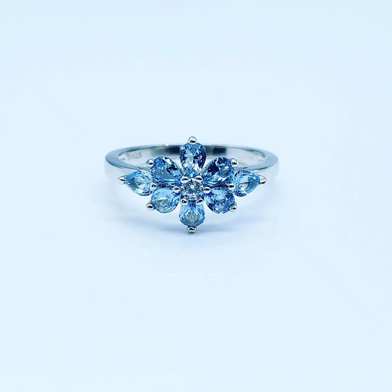 silver jewelry spark flower rings with Aquamarine Tanzanite