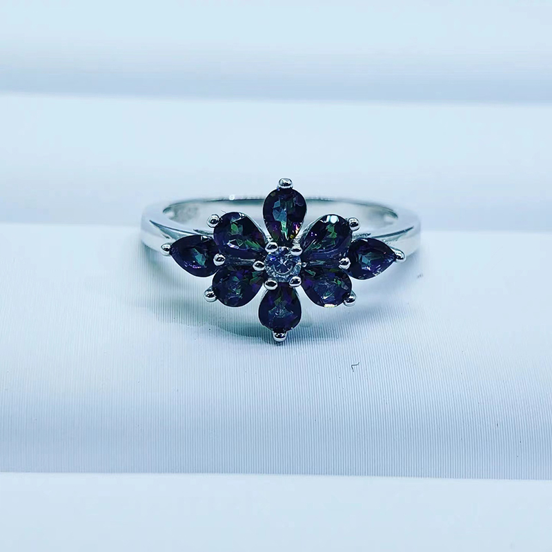 silver jewelry spark flower rings with Aquamarine Tanzanite