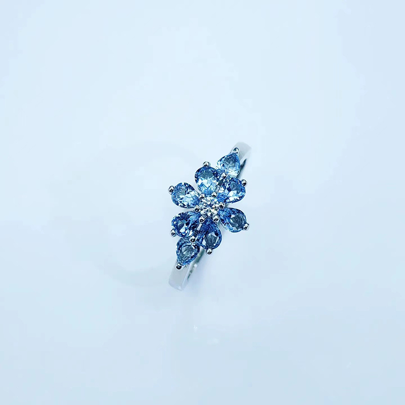 silver jewelry spark flower rings with Aquamarine Tanzanite