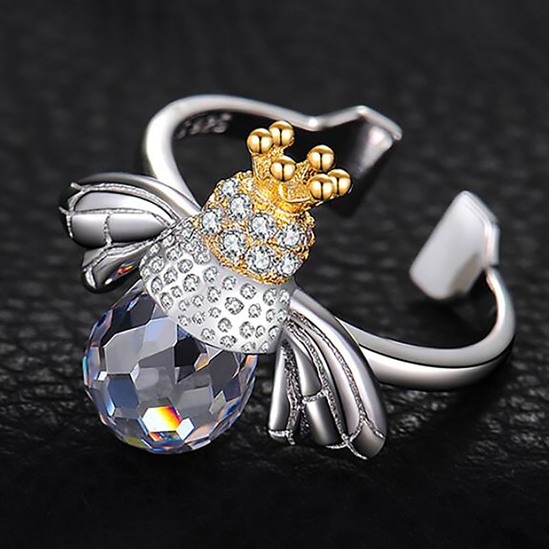 925 Silver Rings Honey Bee Animal Shape with Crystal