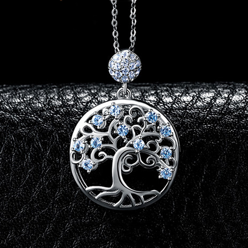 Life Tree Necklace 925 Silver with Blue CZ Jewelry