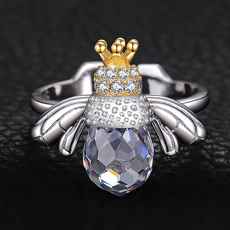 925 Silver Rings Honey Bee Animal Shape with Crystal