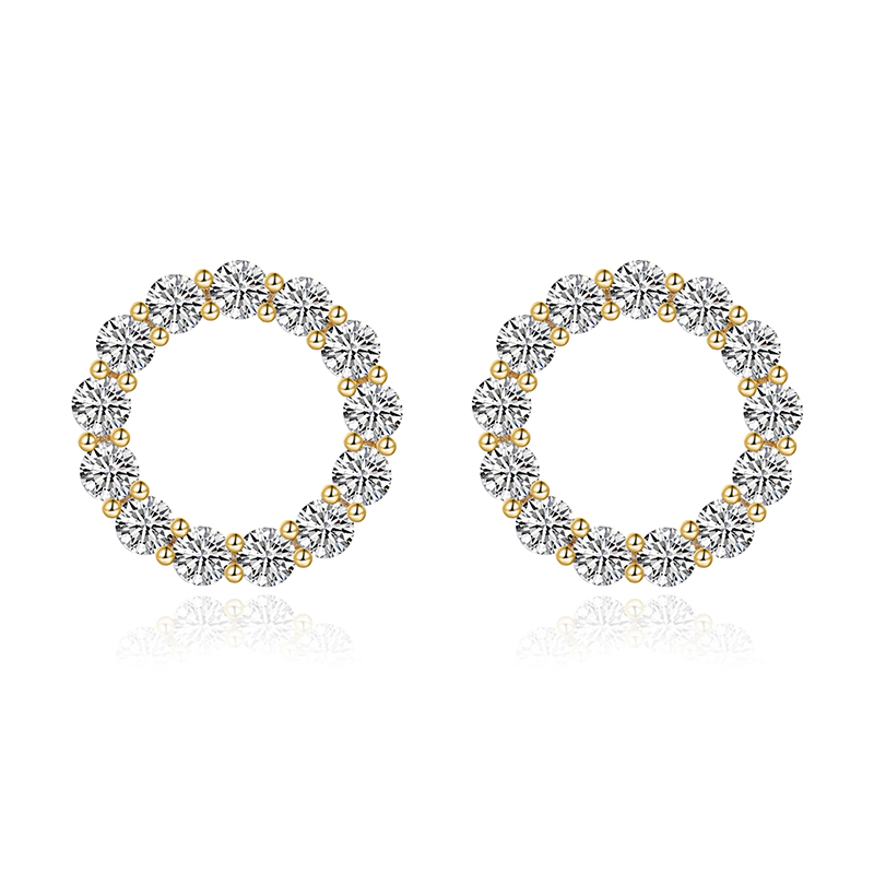 18K Yellow Gold Circle Earrings Studs with White Diamond