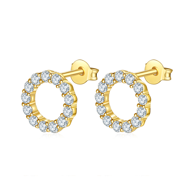 18K Yellow Gold Circle Earrings Studs with White Diamond